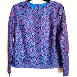 Banana Republic blue top women eyelet lace long sleeve blouse Size S business